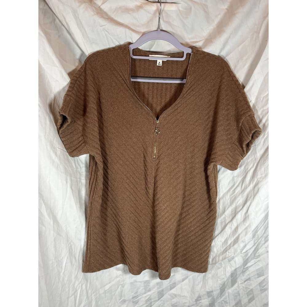 Parallel Skies Brown Ribbed Half Zip Short Sleeve Knit Top Size Medium